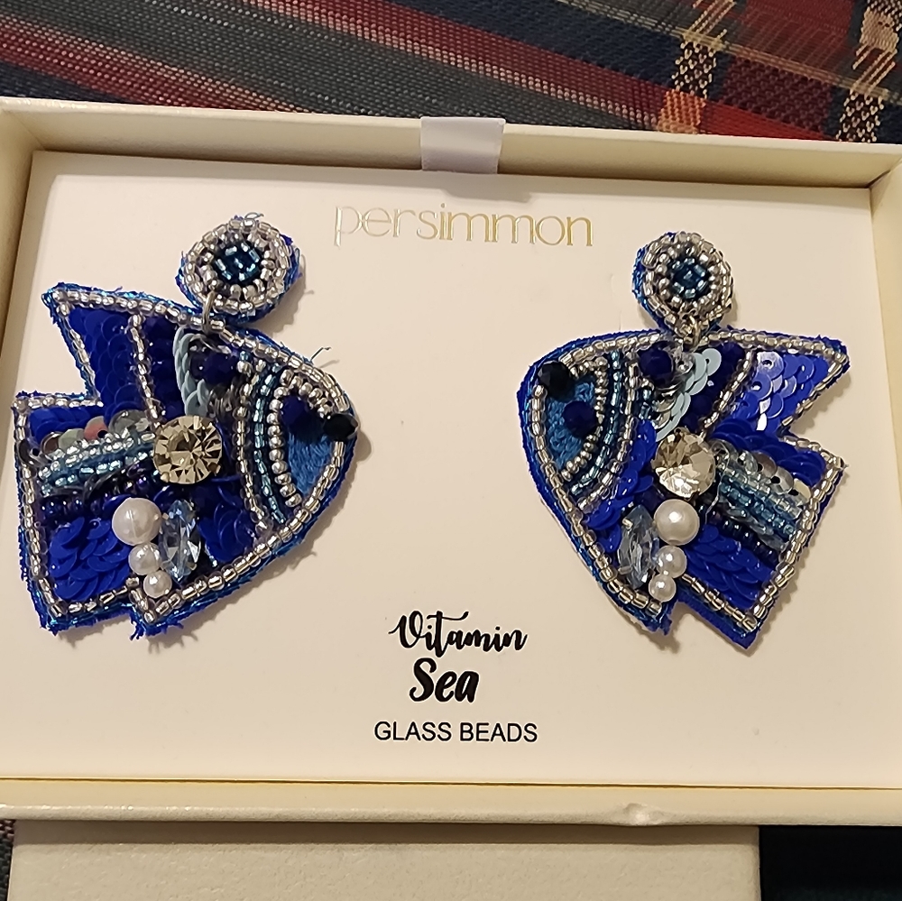 Persimmon Beaded Blue Fish Earrings NWT